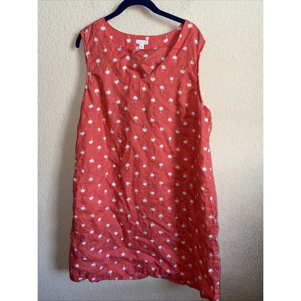 J Jill Love Linen Shift Dress Tropical Coral Palm Tree Sleeveless Tank XL Midi